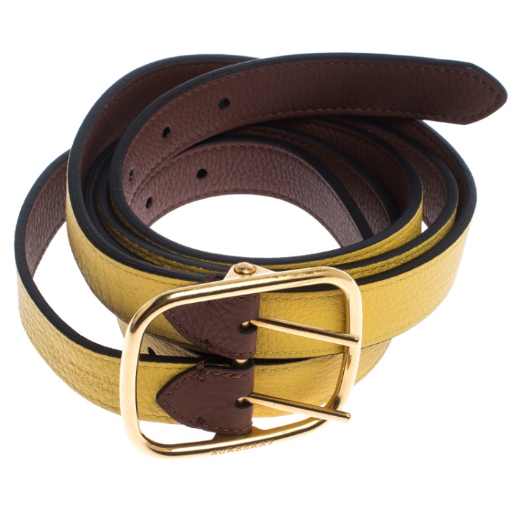 Pre Owned Burberry Yellow/Brown Leather Lynton Double Strap Belt 85CM