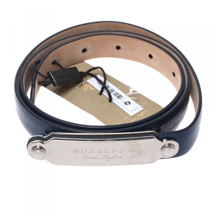 Pre Owned Burberry Blue Leather Reese Slim Belt 80CM