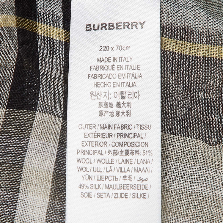 Pre Owned Burberry Green Vintage Check Wool and Silk Gauze Fringed Scarf