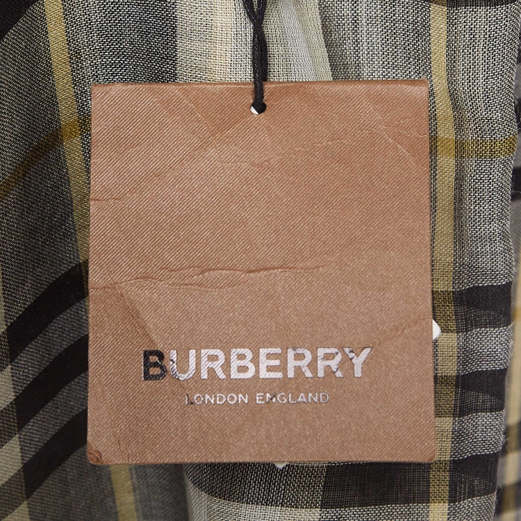 Pre Owned Burberry Green Vintage Check Wool and Silk Gauze Fringed Scarf