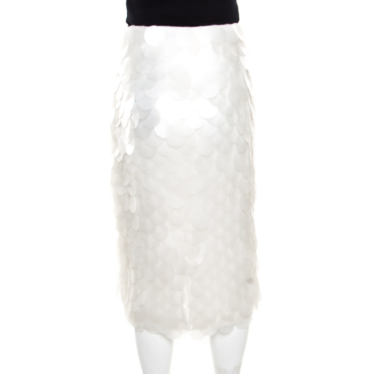 Pre Owned Burberry Prorsum White Opaque Sequin Paillette Embellished Pencil Skirt L