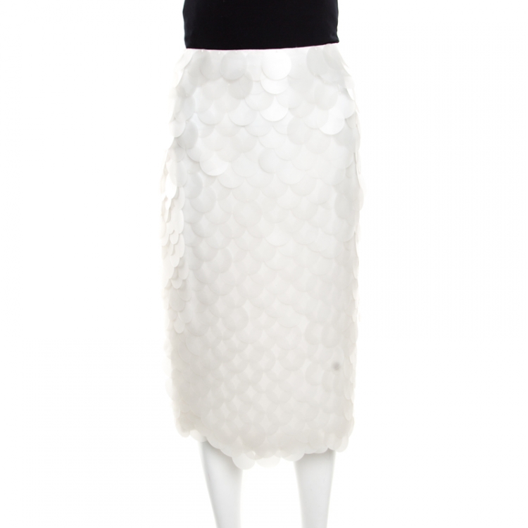 Pre Owned Burberry Prorsum White Opaque Sequin Paillette Embellished Pencil Skirt L