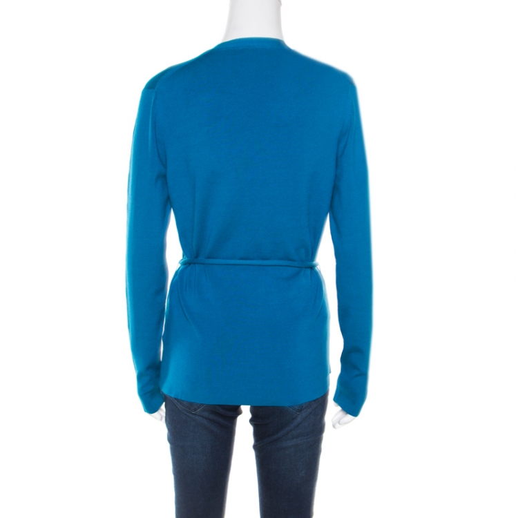Pre Owned Burberry Kingfisher Blue Silk Belted Button Front Cardigan L