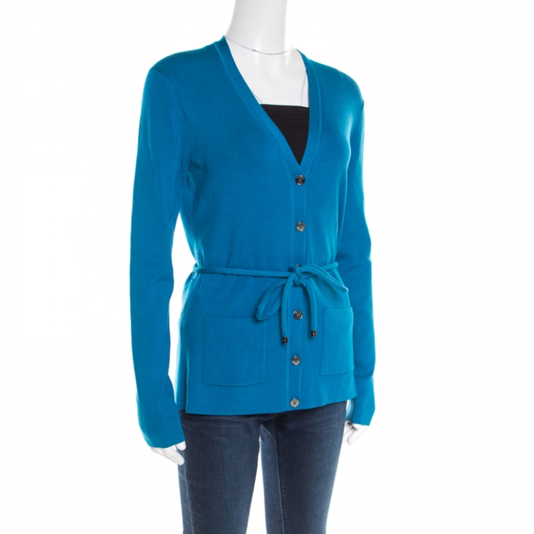 Pre Owned Burberry Kingfisher Blue Silk Belted Button Front Cardigan L