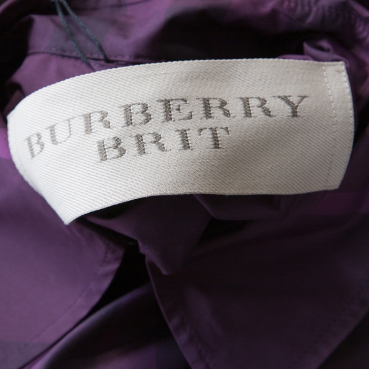 Pre Owned Burberry Brit Plum Purple Novacheck Print Double Breasted Coat L