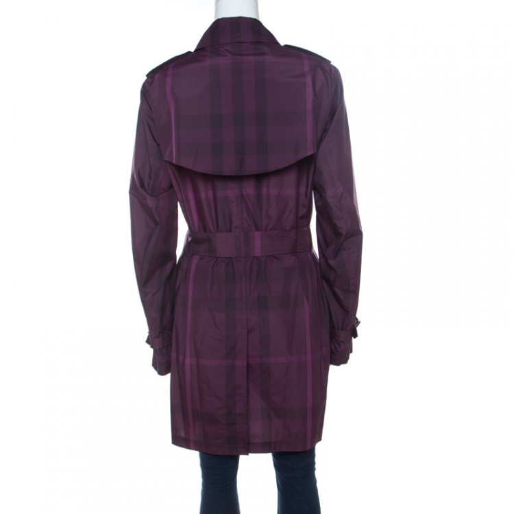 Pre Owned Burberry Brit Plum Purple Novacheck Print Double Breasted Coat L