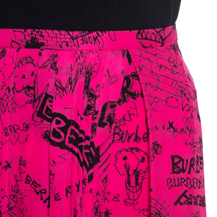 Pre Owned Burberry Pink Doodle Printed Silk Neckar Maxi Skirt L