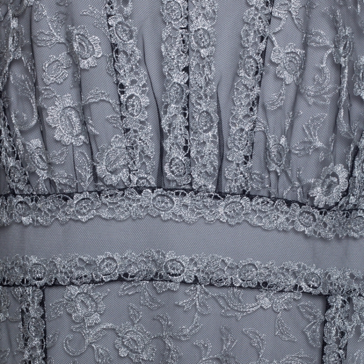 مملوكة مسبقًا Burberry Silver Floral Lace Tulle Paneled Maxi Dress L