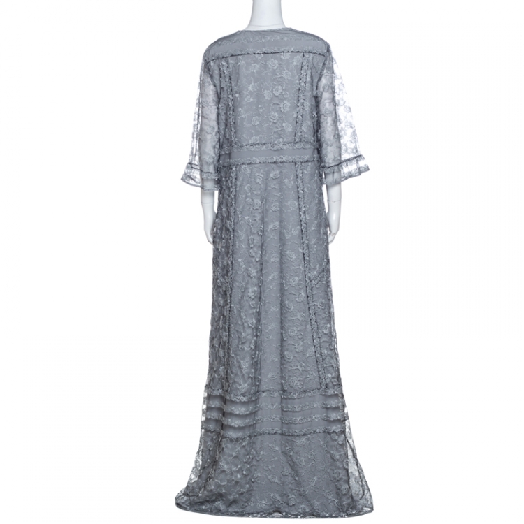 مملوكة مسبقًا Burberry Silver Floral Lace Tulle Paneled Maxi Dress L