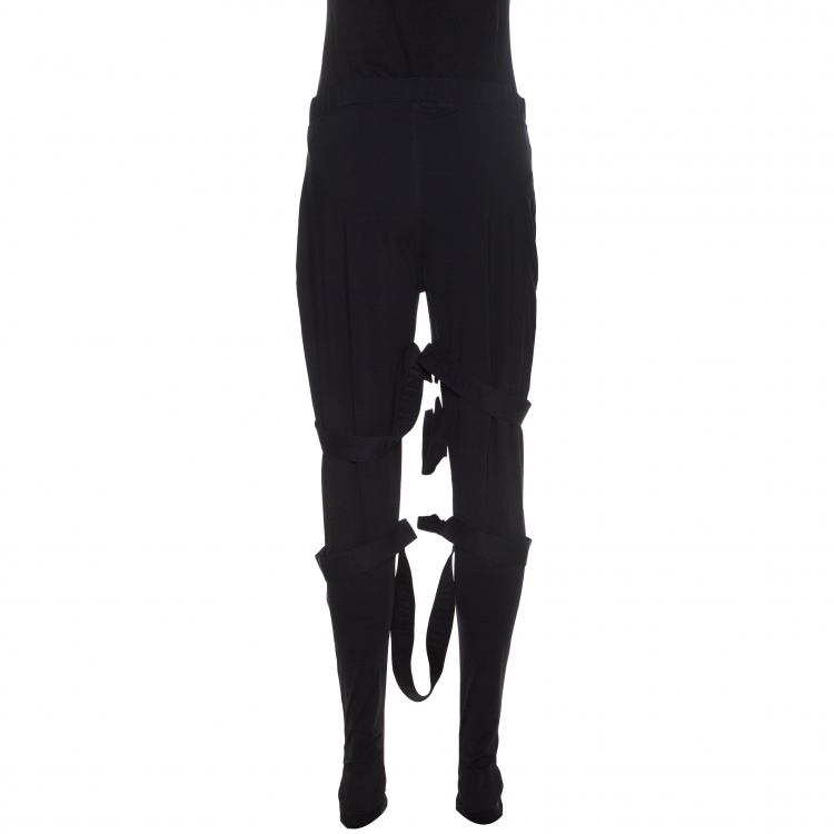 Pre Owned Burberry Black Stretch Jersey Strap Detailed Footed Leggings L