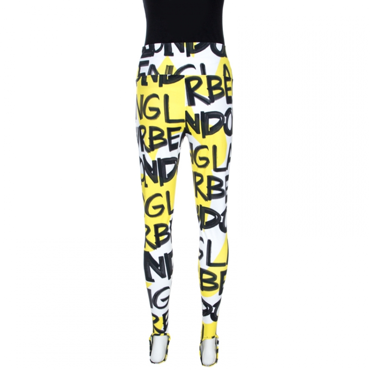 Pre Owned Burberry Yellow Graffiti Logo Print Jersey Stirrup Leggings XL
