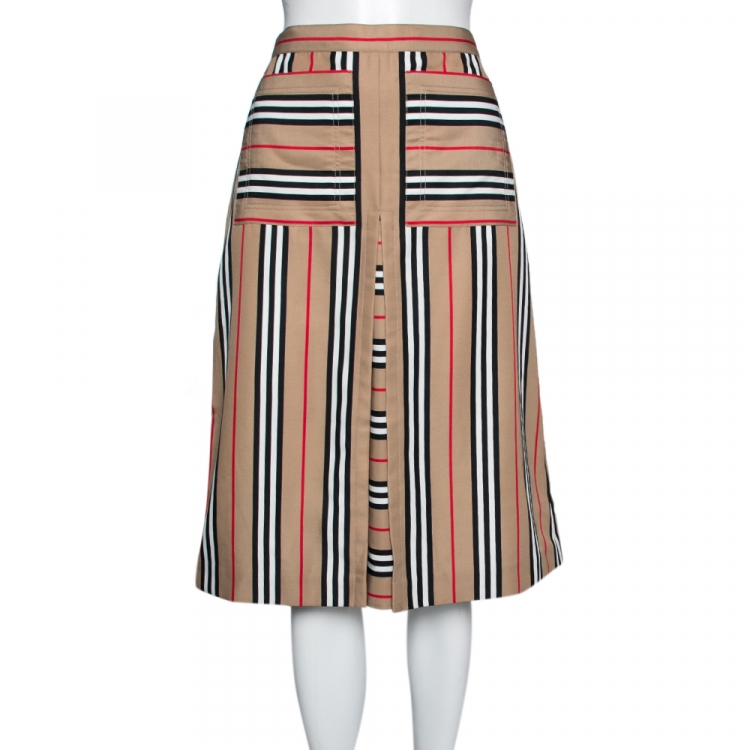 مملوكة مسبقًا Burberry Beige Icon Striped Pleat Detailed Skirt S