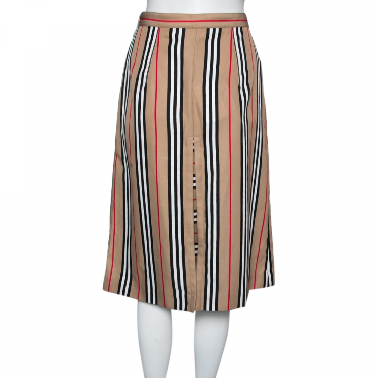 مملوكة مسبقًا Burberry Beige Icon Striped Pleat Detailed Skirt S
