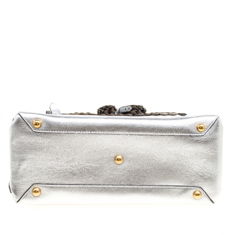 Pre Owned Burberry Metallic Leather Brogues Banner Fringe Top Handle Bag