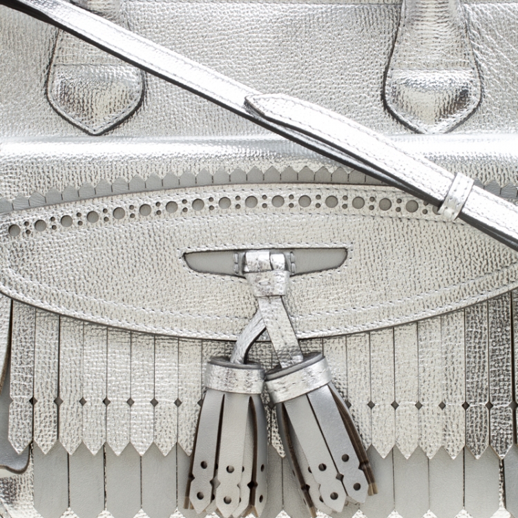 Pre Owned Burberry Metallic Leather Brogues Banner Fringe Top Handle Bag