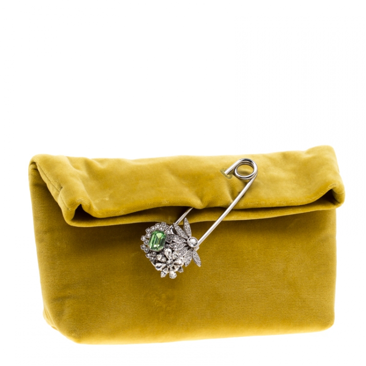 Pre Owned Burberry Mustard Velvet Crystal Embellished Pin Clutch