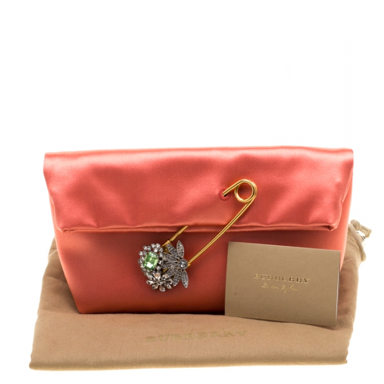 Pre Owned Burberry Peach Satin Crystal Embellished Pin Clutch