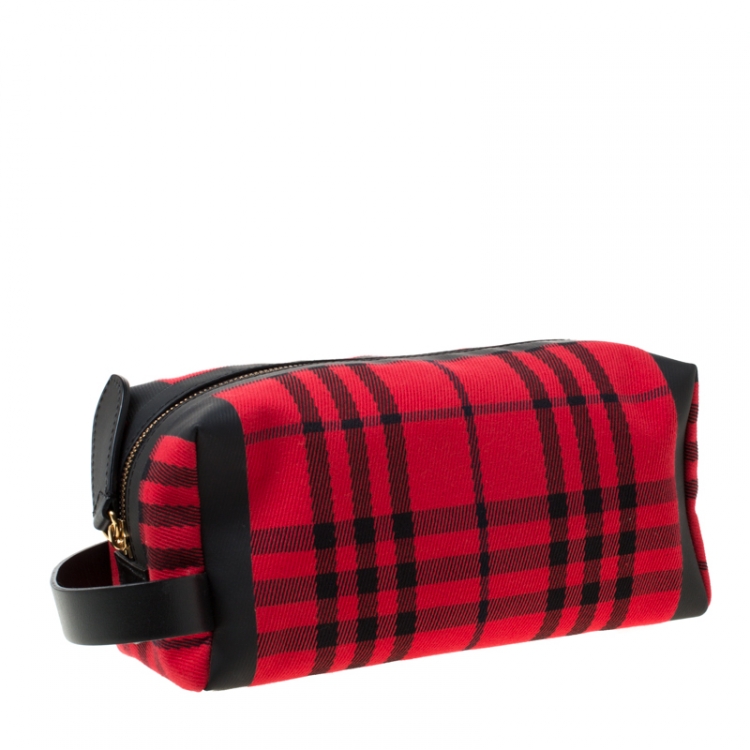 Pre Owned Burberry Military Red Check Canvas Washbag Pouch