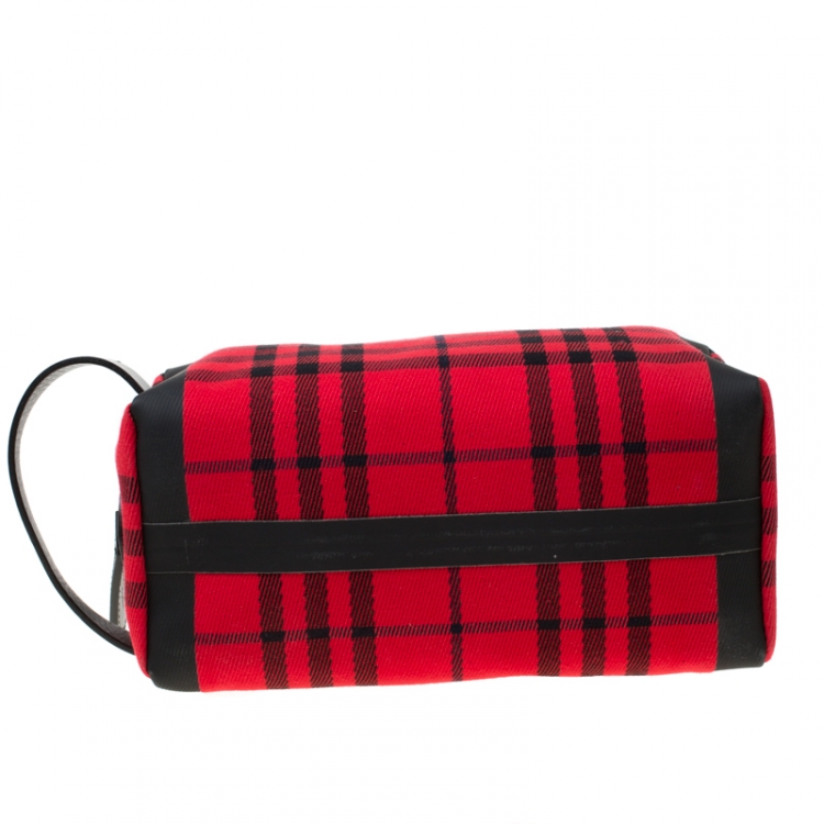 Pre Owned Burberry Military Red Check Canvas Washbag Pouch
