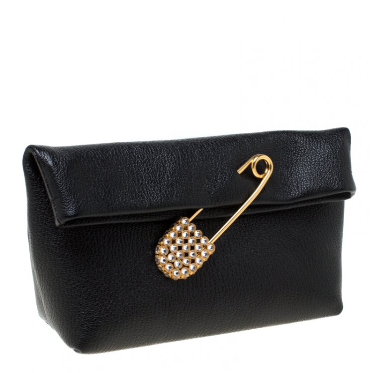 Pre Owned Burberry Black Leather Crystal Embellished Pin Clutch