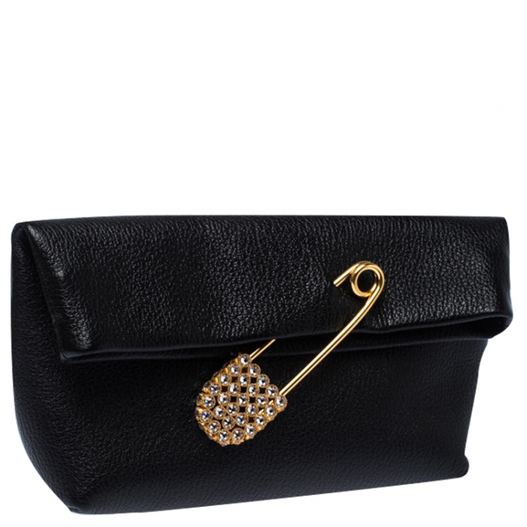 Pre Owned Burberry Black Leather Crystal Embellished Pin Clutch