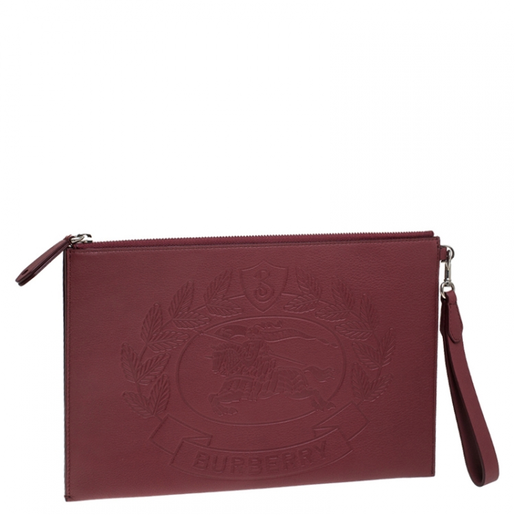 Pre Owned Burberry Maroon Leather Document Wristlet Pouch