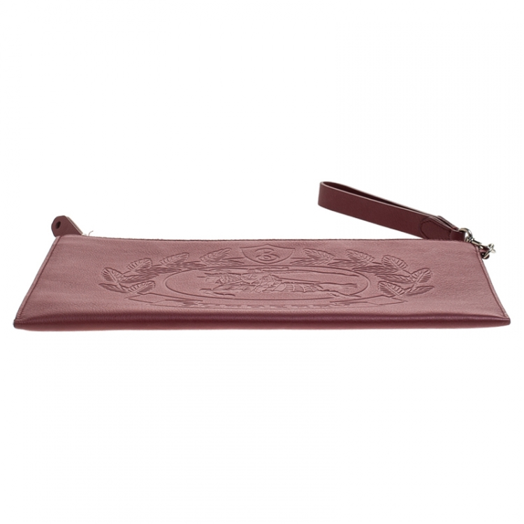 Pre Owned Burberry Maroon Leather Document Wristlet Pouch