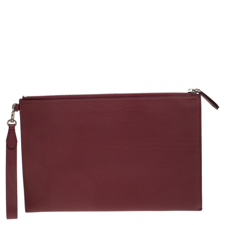 Pre Owned Burberry Maroon Leather Document Wristlet Pouch