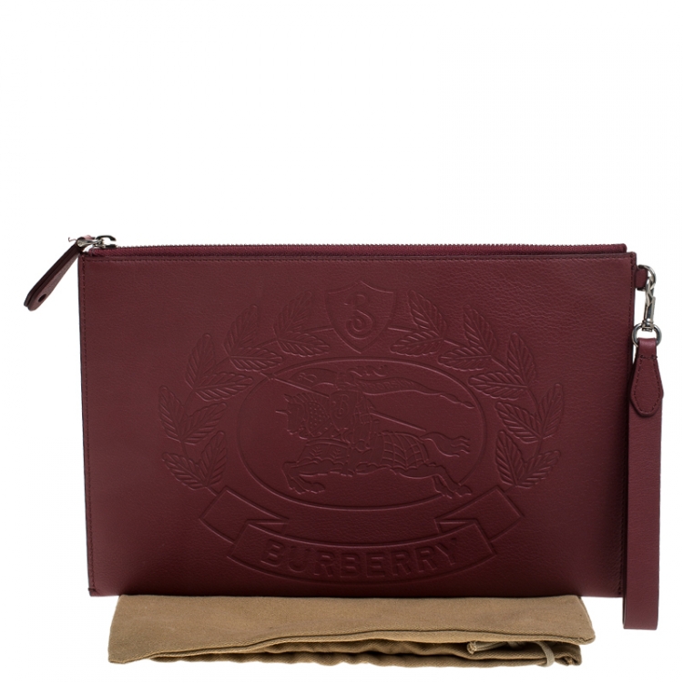 Pre Owned Burberry Maroon Leather Document Wristlet Pouch