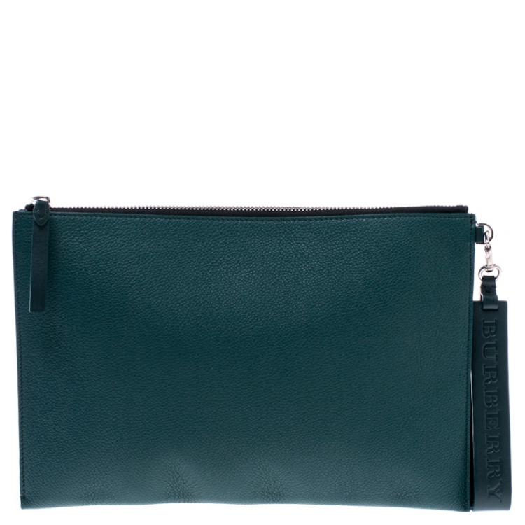 Pre Owned Burberry Dark Green Leather Wristlet Pouch