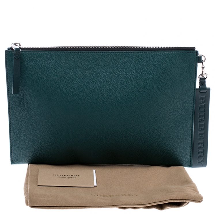 Pre Owned Burberry Dark Green Leather Wristlet Pouch