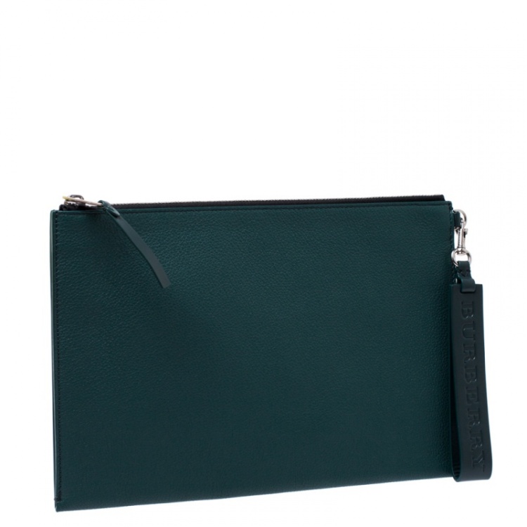 Pre Owned Burberry Dark Green Leather Wristlet Pouch