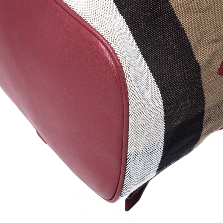 Pre Owned Burberry Red/Beige Heart Check Canvas and Leather Drawstring Backpack