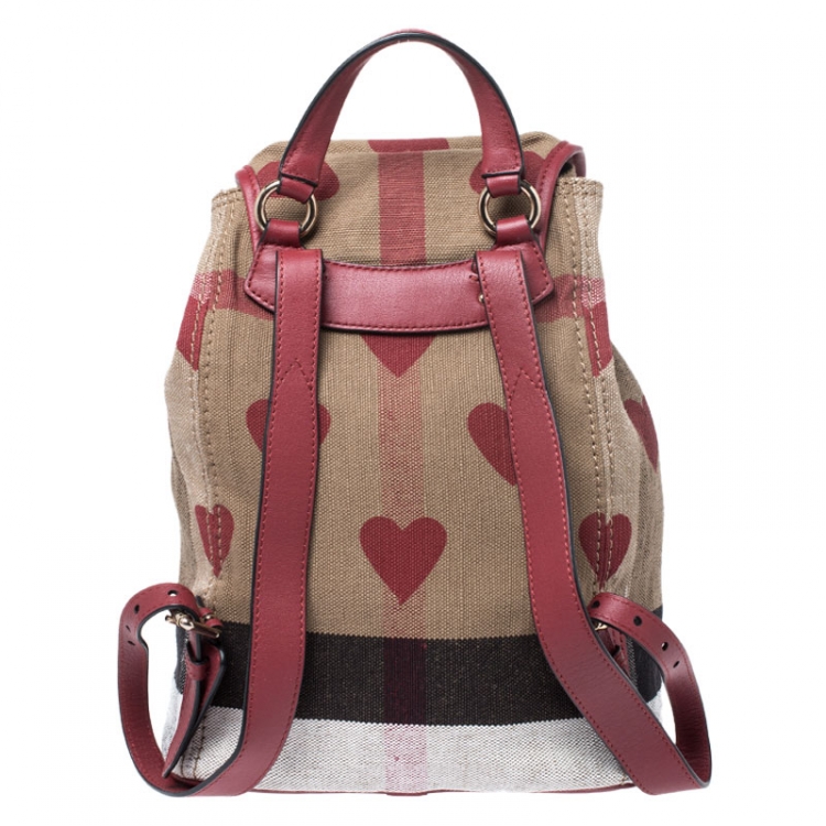 Pre Owned Burberry Red/Beige Heart Check Canvas and Leather Drawstring Backpack