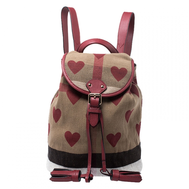 Pre Owned Burberry Red/Beige Heart Check Canvas and Leather Drawstring Backpack