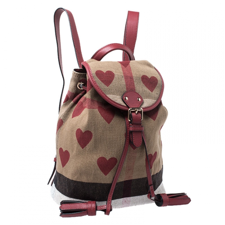 Pre Owned Burberry Red/Beige Heart Check Canvas and Leather Drawstring Backpack