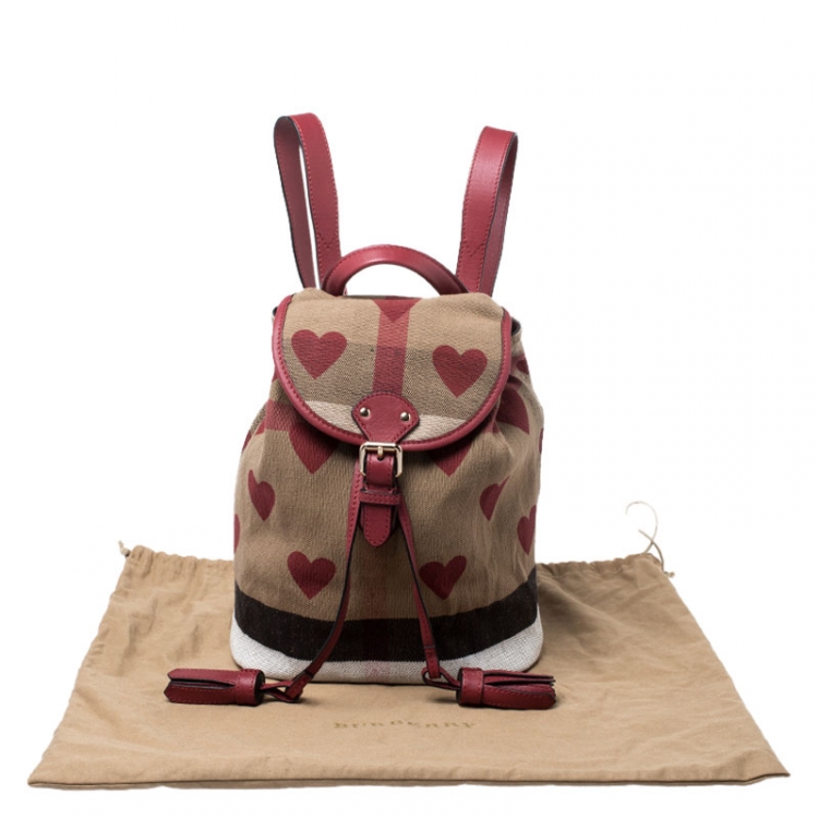 Pre Owned Burberry Red/Beige Heart Check Canvas and Leather Drawstring Backpack