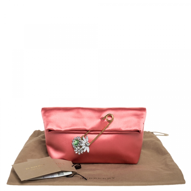 Pre Owned Burberry Coral Orange Satin Crystal Embellished Pin Clutch