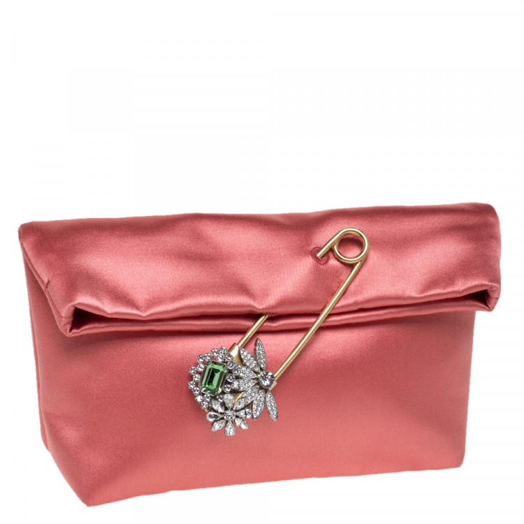 Pre Owned Burberry Coral Orange Satin Crystal Embellished Pin Clutch