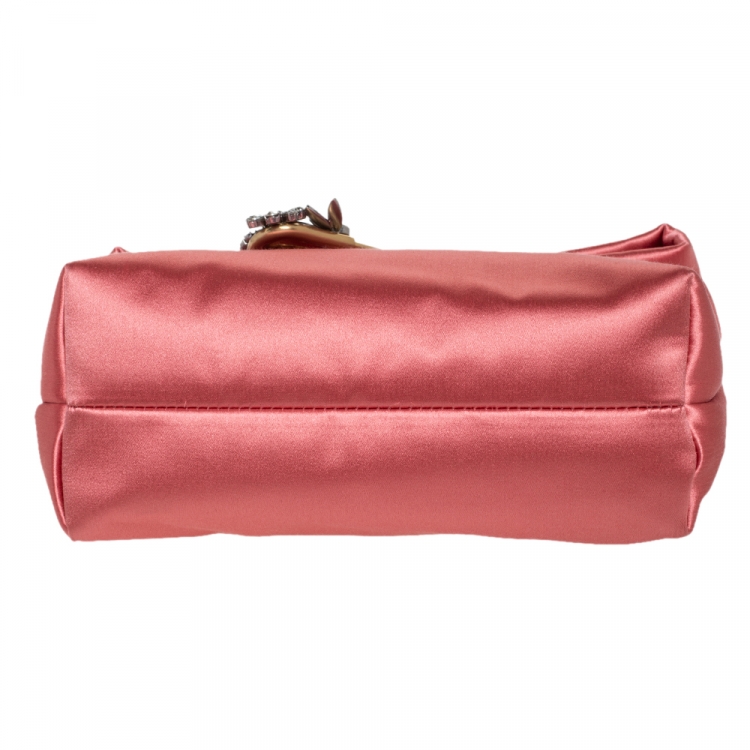 Pre Owned Burberry Coral Orange Satin Crystal Embellished Pin Clutch