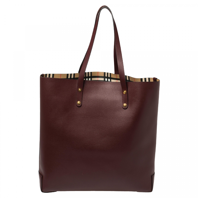 Pre Owned Burberry Burgundy Leather Large Crest Shopper Tote