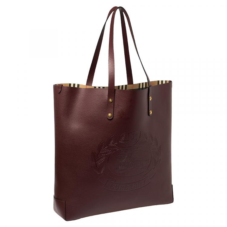 Pre Owned Burberry Burgundy Leather Large Crest Shopper Tote