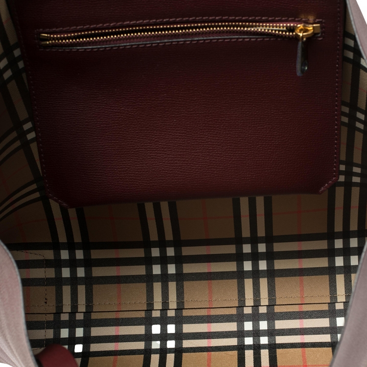Pre Owned Burberry Burgundy Leather Large Crest Shopper Tote