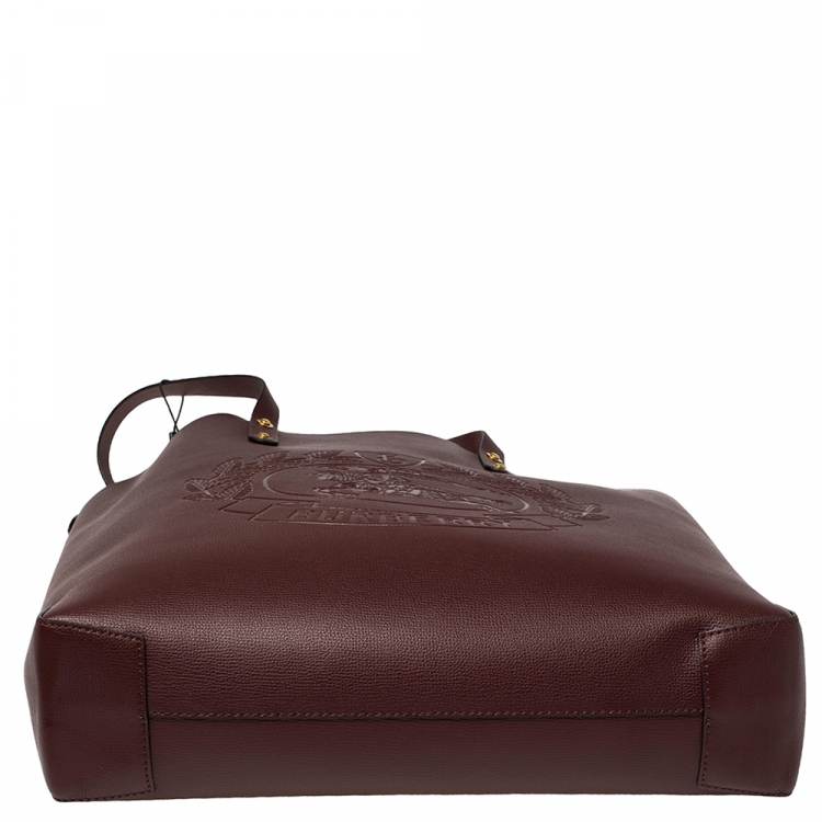 Pre Owned Burberry Burgundy Leather Large Crest Shopper Tote