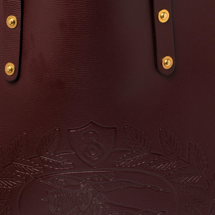 Pre Owned Burberry Burgundy Leather Large Crest Shopper Tote