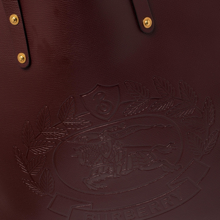 Pre Owned Burberry Burgundy Leather Large Crest Shopper Tote