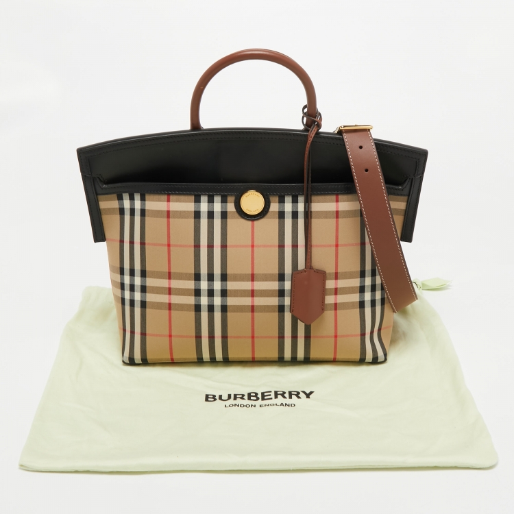 Pre Owned Burberry Brown Vintage Check Canvas and Leather Society Top Handle Bag