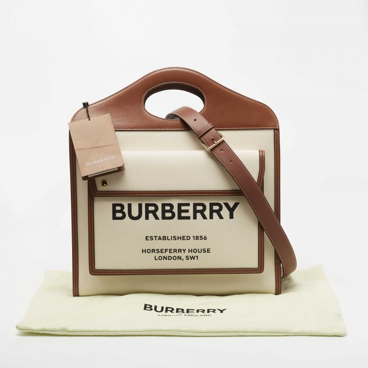 Pre Owned Burberry White/Brown Canvas and Leather Pocket Tote