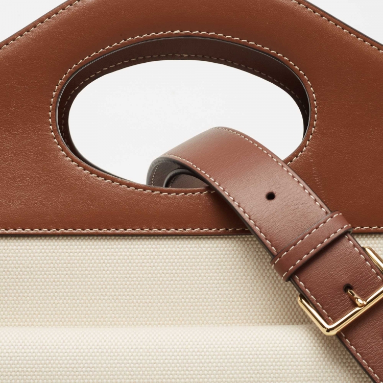 Pre Owned Burberry White/Brown Canvas and Leather Pocket Tote