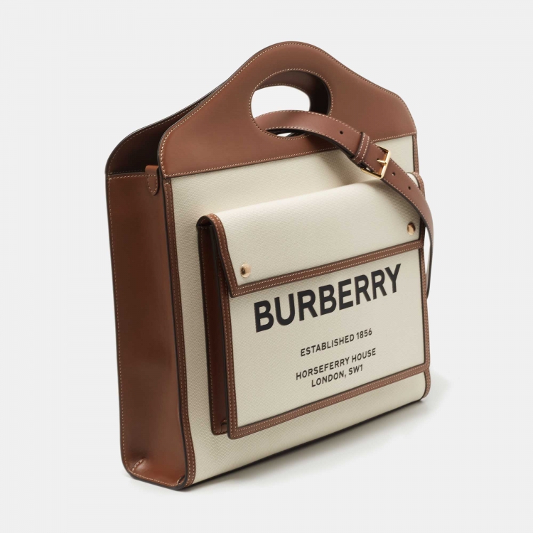 Pre Owned Burberry White/Brown Canvas and Leather Pocket Tote